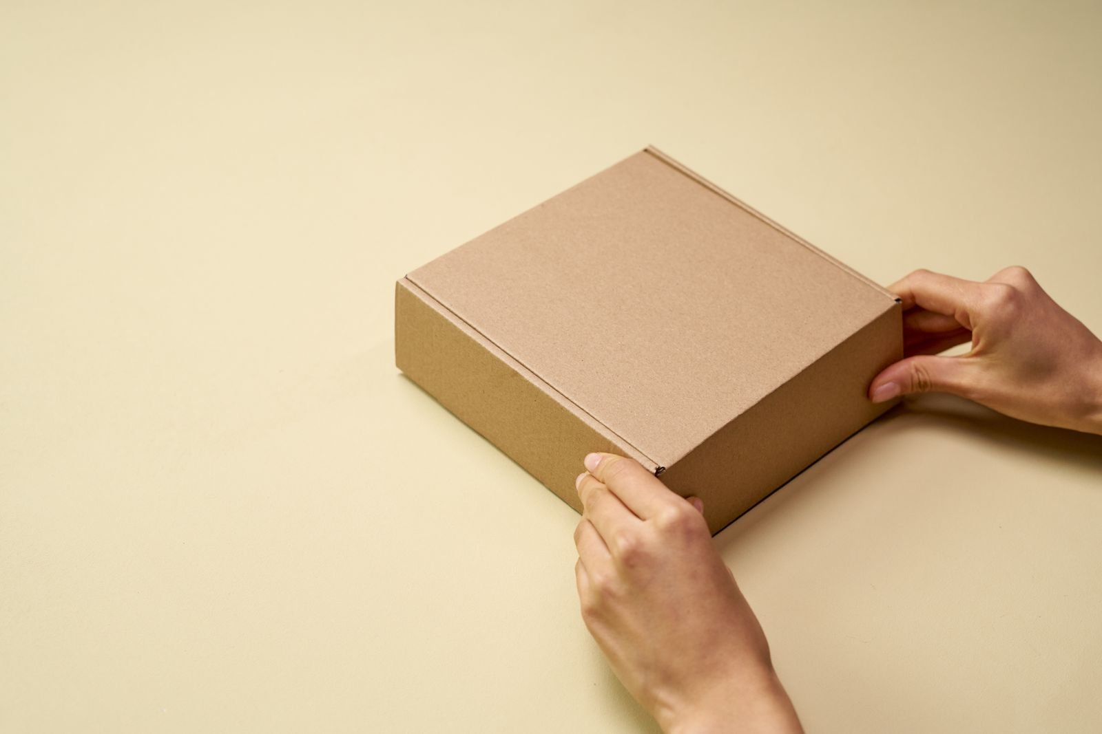 Hands carefully holding a closed cardboard parcel